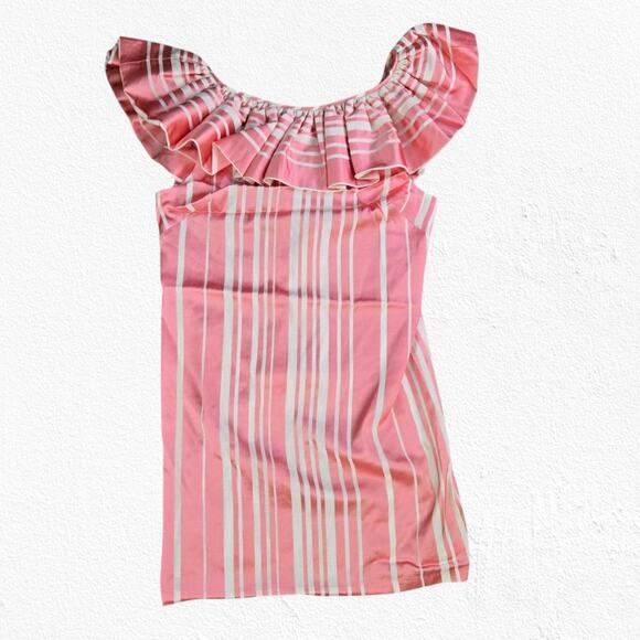 Trina Turk Pink White Striped Ruffle Neck Sleeveless Straight Mini Dress Size 10 - Picture 1 of 10
